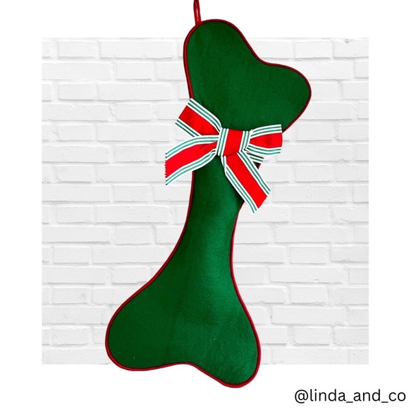 Christmas Stocking with Red White and Green Striped Bow Green Felt Dog Bone - Picture 1 of 10
